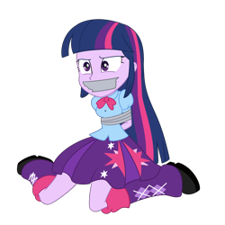 Size: 2500x2500 | Tagged: safe, artist:nie-martw-sie-o-mnie, twilight sparkle, human, equestria girls, g4, arm behind back, bondage, boots bondage, bound and gagged, clothes, female, femsub, gag, kidnapped, leg warmers, simple background, skirt, solo, submissive, tape, tape bondage, tape gag, transparent background, twisub