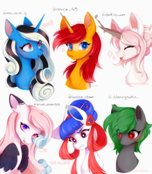 Size: 3311x3785 | Tagged: safe, artist:noemint, oc, oc only, oc:doevriel, oc:ivolisa, oc:mian-mian, oc:miss smile, oc:norica, oc:toxic ivy, earth pony, original species, pegasus, pony, unicorn, bust, colored pinnae, ear fluff, ear markings, emanata, eye clipping through hair, eyebrows, eyebrows visible through hair, eyes closed, facial markings, female, folded wings, forest unicorn, group, heart, heart eyes, heterochromia, horn, mare, sextet, simple background, starry eyes, tongue out, white background, wingding eyes, wings