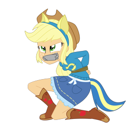 Size: 2000x2000 | Tagged: safe, artist:nie-martw-sie-o-mnie, applejack, human, equestria girls, g4, applesub, arm behind back, bondage, boots, boots bondage, bound and gagged, clothes, cowboy boots, cowboy hat, denim, denim skirt, female, femsub, freckles, gag, hat, helping twilight win the crown, kidnapped, kneeling, rope, rope bondage, shoes, simple background, skirt, solo, submissive, tape, tape gag, transparent background, wondercolts uniform