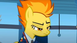 Size: 2140x1207 | Tagged: safe, screencap, spitfire, pegasus, pony, g4, wonderbolts academy, captain of the wonderbolts, clothes, cloudsdale, drill sergeant, female, lidded eyes, mare, necktie, office, sexy, solo, spitfire's office, spitfire's tie, suit, uniform, window, wonderbolts dress uniform