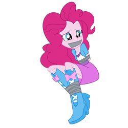 Size: 2000x2000 | Tagged: safe, artist:nie-martw-sie-o-mnie, pinkie pie, human, equestria girls, g4, arm behind back, bondage, boots, boots bondage, bound and gagged, clothes, female, femsub, gag, high heel boots, kidnapped, pinkiesub, shoes, simple background, sitting, skirt, solo, submissive, tape, tape bondage, tape gag, transparent background