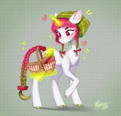 Size: 1440x1372 | Tagged: oc name needed, safe, artist:noemint, oc, oc only, pony, unicorn, abstract background, basket, blushing, bow, braid, braided tail, colored hooves, colored pinnae, dragon fruit, female, floating heart, freckles, hair bow, hat, heart, hooves, horn, magic, mare, picnic basket, pitaya, raised hoof, solo, tail, telekinesis