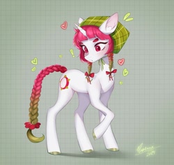 Size: 1440x1373 | Tagged: oc name needed, safe, alternate version, artist:noemint, oc, oc only, pony, unicorn, abstract background, blushing, bow, braid, braided tail, colored hooves, colored pinnae, female, floating heart, freckles, grid background, hair bow, hat, heart, hooves, horn, mare, raised hoof, solo, tail