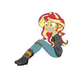 Size: 2500x2500 | Tagged: safe, artist:nie-martw-sie-o-mnie, sunset shimmer, human, equestria girls, g4, arm behind back, bondage, boots, boots bondage, bound and gagged, clothes, denim, female, femsub, gag, hoodie, jeans, kidnapped, pants, rope, rope bondage, shoes, simple background, sitting, solo, submissive, subset, tape, tape gag, transparent background