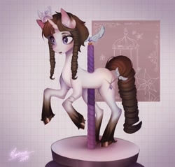 Size: 1440x1375 | Tagged: safe, artist:noemint, oc, oc only, pony, unicorn, abstract background, bow, carousel, curly mane, curly tail, femboy, grid background, horn, horn bow, male, solo, stallion, tail, unshorn fetlocks