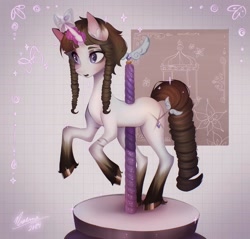 Size: 1440x1377 | Tagged: safe, alternate version, artist:noemint, oc, oc only, pony, unicorn, abstract background, bow, carousel, curly mane, curly tail, femboy, grid background, horn, horn bow, male, solo, stallion, tail, unshorn fetlocks