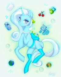 Size: 1440x1800 | Tagged: safe, artist:noemint, oc, oc only, oc:fresh mintshine, pony, unicorn, backpack, bubble, clothes, ear piercing, earring, female, frutiger aero, horn, jewelry, mare, necklace, phone, piercing, socks, solo