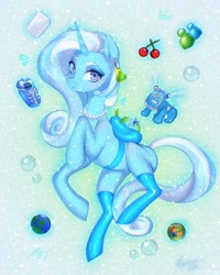 Size: 1440x1800 | Tagged: safe, alternate version, artist:noemint, oc, oc only, oc:fresh mintshine, pony, unicorn, backpack, bubble, clothes, ear piercing, earring, female, frutiger aero, horn, jewelry, mare, necklace, phone, piercing, socks, solo