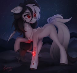 Size: 1440x1373 | Tagged: safe, artist:noemint, oc, oc only, earth pony, pony, ear piercing, earring, eyebrow piercing, female, jewelry, knife, magic, mare, necklace, night, piercing, scar, solo, stars