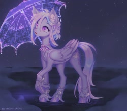 Size: 1440x1253 | Tagged: safe, artist:noemint, oc, oc only, pegasus, pony, bracelet, commission, ear piercing, earring, female, jewelry, mare, necklace, night, piercing, solo, stars, umbrella, unshorn fetlocks, water