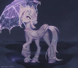 Size: 1440x1253 | Tagged: safe, alternate version, artist:noemint, oc, oc only, pegasus, pony, bracelet, commission, ear piercing, earring, female, jewelry, mare, necklace, night, piercing, solo, stars, umbrella, unshorn fetlocks, water