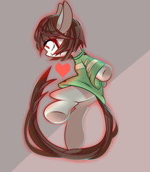 Size: 980x1126 | Tagged: safe, artist:alus, earth pony, pony, abstract background, chara, clothes, female, filly, foal, glowing, grin, heart, ponified, shirt, smiling, solo, undertale