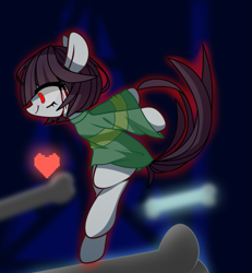 Size: 981x1060 | Tagged: safe, artist:alus, earth pony, pony, abstract background, bone, chara, clothes, female, filly, foal, glowing, heart, ponified, shirt, smiling, solo, undertale