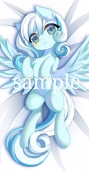 Size: 2000x3872 | Tagged: safe, artist:alus, oc, oc:snowdrop, pegasus, pony, :3, blushing, body pillow, body pillow design, female, filly, foal, looking at you, lying down, on back, sample, smiling, smiling at you, solo, spread wings, text, wings