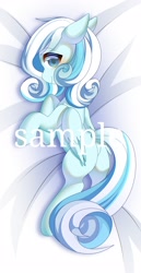 Size: 2000x3872 | Tagged: safe, artist:alus, oc, oc:snowdrop, pegasus, pony, blushing, body pillow, body pillow design, female, filly, foal, looking at you, looking back, looking back at you, lying down, on side, sample, smiling, solo, text