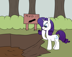 Size: 2000x1600 | Tagged: safe, artist:amateur-draw, rarity, pony, unicorn, g4, female, forest, horn, i love being covered in mud, mare, mud, nature, outdoors, sign, solo, tree