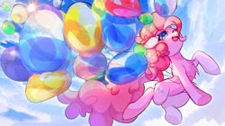 Size: 3466x1937 | Tagged: safe, artist:alus, pinkie pie, earth pony, pony, g4, balloon, female, floating, lens flare, mare, open mouth, smiling, solo, then watch her balloons lift her up to the sky