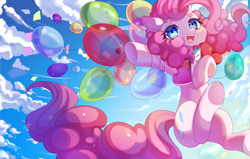 Size: 3935x2500 | Tagged: safe, artist:alus, pinkie pie, earth pony, pony, g4, balloon, blushing, clipboard, female, floating, mare, open mouth, smiling, solo, then watch her balloons lift her up to the sky