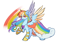 Size: 3000x2187 | Tagged: safe, artist:alus, rainbow dash, pegasus, pony, g4, clothes, dress, female, gala dress, jewelry, laurel wreath, mare, multicolored hair, necklace, open mouth, rainbow, rainbow dash always dresses in style, rainbow hair, raised hoof, shoes, simple background, smiling, solo, spread wings, white background, wings