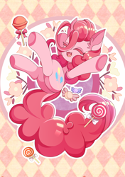 Size: 2000x2838 | Tagged: safe, artist:alus, pinkie pie, earth pony, pony, g4, candy, cute, diapinkes, eyes closed, female, flower, food, lollipop, lying down, mare, on back, open mouth, outline, patterned background, solo, spread arms, white outline