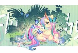 Size: 3718x2534 | Tagged: safe, artist:alus, fluttershy, alicorn, butterfly, pony, g4, blushing, concave belly, cosplay, costume, female, frown, jewelry, lying down, mare, prone, regalia, shylestia, solo, text