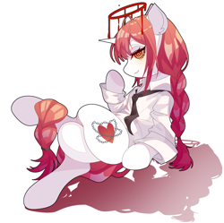 Size: 2359x2350 | Tagged: safe, artist:alus, pony, unicorn, chainsaw man, crossed legs, female, grin, halo, horn, makima, mare, ponified, simple background, sitting, smiling, solo, white background