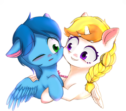 Size: 1888x1666 | Tagged: safe, oc, oc only, oc:cokecoffee, alicorn, pegasus, pony, alicorn oc, blushing, boop, braid, cheek nuzzle, cheek to cheek, cute, duo, duo female, female, horn, hug, looking at each other, looking at someone, mare, pegasus oc, simple background, smiling, white background, wings