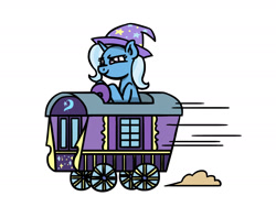 Size: 1800x1350 | Tagged: safe, artist:flutterluv, trixie, pony, unicorn, g4, clothes, dust cloud, female, hat, horn, kart, mare, mario kart, simple background, smiling, smirk, solo, super mario bros., trixie's hat, trixie's wagon, wagon, white background