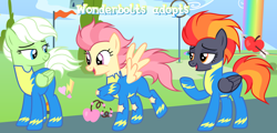 Size: 1280x612 | Tagged: safe, artist:vi45, oc, oc only, pegasus, pony, clothes, female, mare, rainbow waterfall, trio, trio female, uniform, wonderbolts uniform