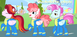 Size: 1280x615 | Tagged: safe, artist:vi45, oc, oc only, pegasus, pony, clothes, male, one eye closed, raised hoof, stallion, trio, trio male, uniform, wink, wonderbolts uniform