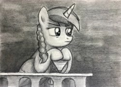 Size: 3867x2762 | Tagged: safe, oc, oc only, oc:cokecoffee, alicorn, pony, alicorn oc, braid, female, grayscale, horn, jewelry, lidded eyes, looking to the right, mare, monochrome, pencil drawing, pendant, solo, traditional art, wings