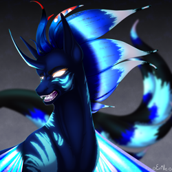 Size: 2500x2500 | Tagged: safe, artist:eville6, oc, oc only, alicorn, seapony (g4), g4, bioluminescent, blank eyes, blue mane, blue tail, bubble, commission, curved horn, digital art, eyelashes, eyeshadow, fangs, fin wings, fins, fish tail, flowing mane, flowing tail, glowing, glowing eyes, glowing wings, gradient background, gray background, high res, horn, looking at you, makeup, male, ocean, open mouth, scales, seaponified, seapony oc, signature, solo, sparkles, species swap, spread wings, stallion, stallion oc, starry wings, sternocleidomastoid, swimming, tail, teeth, underwater, water, wings