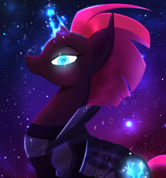 Size: 863x926 | Tagged: safe, artist:ryuko-rose, fizzlepop berrytwist, tempest shadow, pony, unicorn, g4, my little pony: the movie, armor, blue eyes, broken horn, crepuscular rays, digital art, female, glowing, glowing cutie mark, glowing eyes, glowing horn, gradient background, horn, lidded eyes, looking at you, magic, mare, night, red mane, red tail, sky, solo, sparkles, sparkly eyes, starry background, starry night, stars, tail, wingding eyes