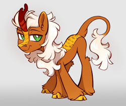 Size: 2074x1758 | Tagged: safe, artist:crimmharmony, oc, oc only, kirin, cloven hooves, gradient background, kirin oc, leonine tail, male, smiling, solo, tail, white background