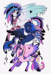 Size: 1499x2160 | Tagged: safe, artist:peachmichea, princess cadance, princess celestia, princess luna, alicorn, pony, g4, choker, chokerdance, chokerluna, concave belly, goth, messy mane, piercing, ponymania, simple background, slender, thin, white background, wing heart, wing piercing, wings