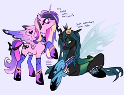 Size: 2498x1919 | Tagged: safe, artist:peachmichea, princess cadance, queen chrysalis, alicorn, changeling, changeling queen, pony, g4, choker, chokerdance, concave belly, duo, emo chrysalis, emodance, female, goth, goth chrysalis, gothdance, mare, ponymania, slender, tail, tail wrap, thin, wing heart