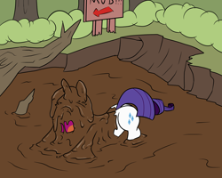 Size: 2000x1600 | Tagged: safe, artist:amateur-draw, rarity, pony, unicorn, g4, covered in mud, female, forest, horn, mud, mud bath, muddy, nature, sign, solo, tree