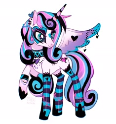 Size: 2171x2308 | Tagged: safe, artist:peachmichea, princess flurry heart, alicorn, pony, g4, chokerheart, concave belly, ear piercing, female, flurry goth, goth, mare, older, older flurry heart, piercing, ponymania, princess emo heart, raised hoof, simple background, slender, solo, thin, white background, wing heart, wing piercing, wings