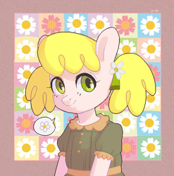 Size: 586x592 | Tagged: safe, artist:viki-niki, oc, oc only, earth pony, g4, clothes, cute, dress, earth pony oc, female, female oc, flower, flower in hair, green eyes, mare, ocbetes, passepartout, patterned background, solo, white coat, yellow hair, yellow mane