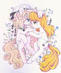 Size: 821x973 | Tagged: safe, artist:viki-niki, oc, oc only, earth pony, g4, blonde, blonde hair, blonde mane, blonde tail, blue eyes, clothes, couple, curly hair, curly mane, curly tail, cute, duo, duo female, earth pony oc, female, female oc, flower, green eyes, hat, looking at each other, looking at someone, loving gaze, lying down, ocbetes, sailor hat, sailor uniform, tail, traditional art, uniform, white coat, yellow hair, yellow mane, yellow tail