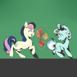 Size: 1024x1024 | Tagged: safe, artist:deeraholic, bon bon, lyra heartstrings, sweetie drops, earth pony, pony, unicorn, g4, clothes, eyes closed, female, gloves, green background, horn, looking back, magic, mare, open mouth, present, simple background, smiling, telekinesis