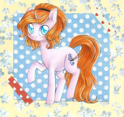 Size: 828x783 | Tagged: safe, artist:viki-niki, oc, oc only, oc:dazha, pony, unicorn, g4, blue eyes, cute, female, female oc, flower, hairband, heart, horn, mare, ocbetes, orange hair, orange mane, orange tail, patterned background, pink coat, polka dots, postcard, raised hoof, small horn, smiling, solo, tail, traditional art, unicorn oc