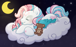 Size: 2400x1500 | Tagged: safe, artist:sparkytopia, star catcher, pegasus, pony, g3, cloud, colored wings, commission, crossed hooves, facial markings, female, mare, moon, night, plushie, sleeping, solo, teddy bear, wings, ych result