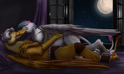 Size: 2500x1500 | Tagged: artist needed, source needed, safe, princess celestia, oc, oc:alviss, griffon, g4, bed, bedroom, clothes, duo, griffonized, loincloth, moon, night, species swap, stars, tribal, window