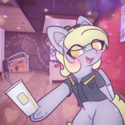 Size: 2664x2664 | Tagged: safe, artist:sodapop sprays, derpy hooves, pegasus, pony, semi-anthro, series:derpy can't catch a break, g4, belly, belly button, blushing, clothes, ear fluff, eye clipping through hair, female, freckles, irl background, looking at you, mare, mcdonald's, solo, sprite, uniform