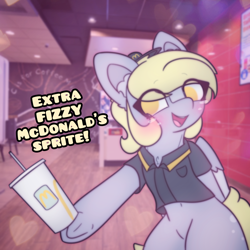 Size: 2664x2664 | Tagged: safe, artist:sodapop sprays, derpy hooves, oc, oc only, pegasus, pony, series:derpy can't catch a break, g4, blushing, clothes, ear fluff, eye clipping through hair, freckles, imminent death, imminent everything, irl background, looking at you, mcdonald's, meme, solo, text, uniform