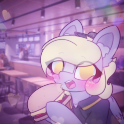 Size: 2664x2664 | Tagged: safe, artist:sodapop sprays, derpy hooves, oc, oc only, pegasus, pony, series:derpy can't catch a break, g4, blushing, burger, clothes, ear fluff, eye clipping through hair, food, freckles, irl background, looking at you, mcdonald's, solo, uniform