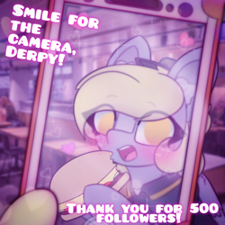 Size: 2664x2664 | Tagged: safe, artist:sodapop sprays, carrot top, derpy hooves, golden harvest, oc, oc only, pegasus, pony, series:derpy can't catch a break, g4, :o, blushing, burger, clothes, ear fluff, eye clipping through hair, food, freckles, irl background, looking at you, mcdonald's, meat, open mouth, phone, ponies eating meat, solo, surprised, taking a photo, uniform