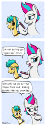 Size: 800x2200 | Tagged: safe, artist:ebbysharp, hitch trailblazer, zipp storm, earth pony, pegasus, pony, g5, 3 panel comic, abstract background, cellphone, comic, cute, dialogue, duo, duo male and female, female, i'm not calling you good boy, implied shipping, implied stormblazer, implied straight, male, meme, phone, smartphone, subverted meme, wholesome