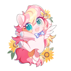 Size: 1500x1500 | Tagged: source needed, useless source url, safe, artist:dreamsugar, oc, oc only, oc:ninny, bowtie, chibi, cute, female, flower, happy, heterochromia, jumping, looking at you, mare, necktie, simple background, smiling, solo, spread wings, sunflower, transparent background, two toned mane, wings